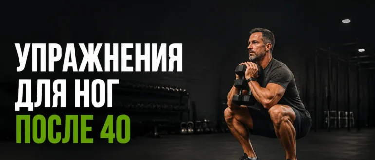 Мужчина 45 лет приседает с гантелью у груди в тёмном тренажёрном зале