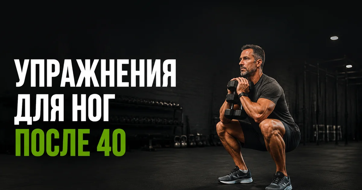 Мужчина 45 лет приседает с гантелью у груди в тёмном тренажёрном зале