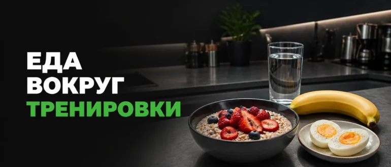 Овсянка с ягодами, варёное яйцо и банан на кухонном столе