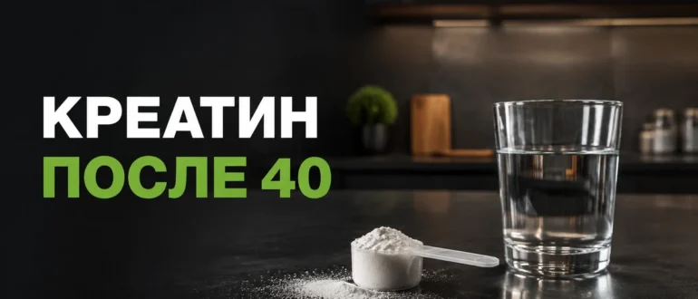 Мерная ложка креатина рядом со стаканом воды