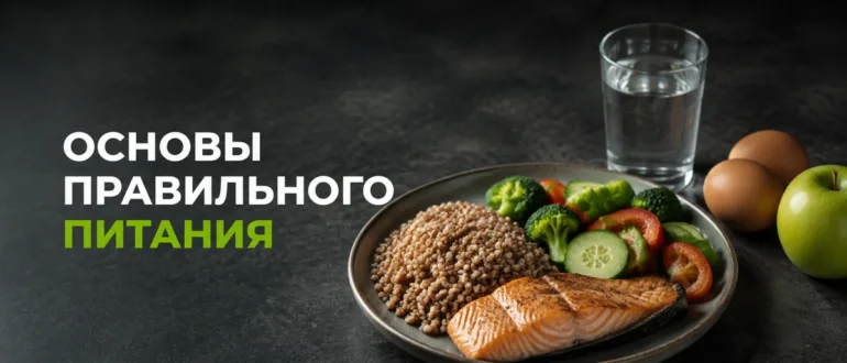 Рыба, гречка и овощи на тарелке рядом со стаканом воды