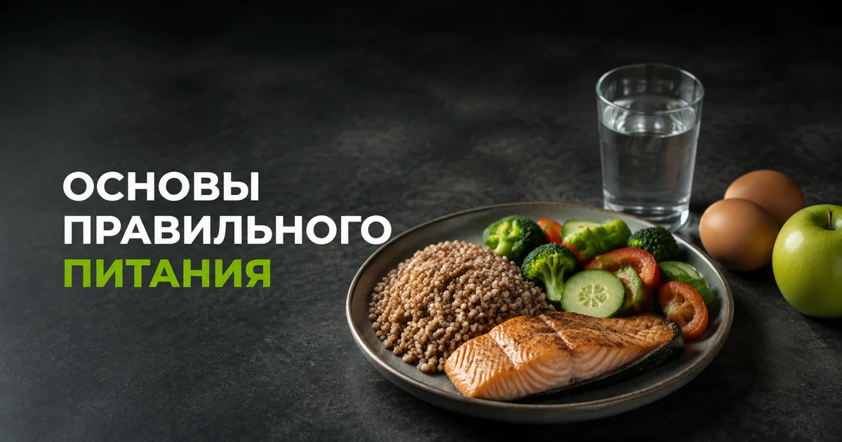 Рыба, гречка и овощи на тарелке рядом со стаканом воды